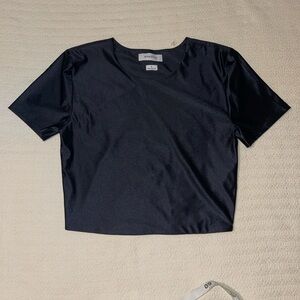 Aritzia Babaton Elegant Black Sateen Contour Cropped Top